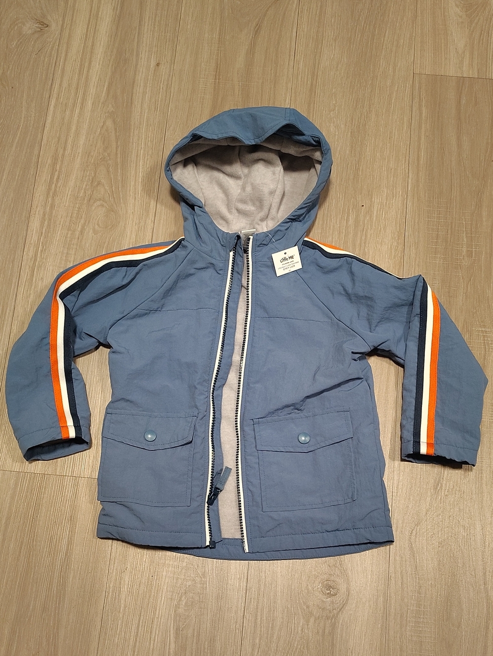 Little Me Blue Hooded Fleece Lined jacket with Orange & White Stripes